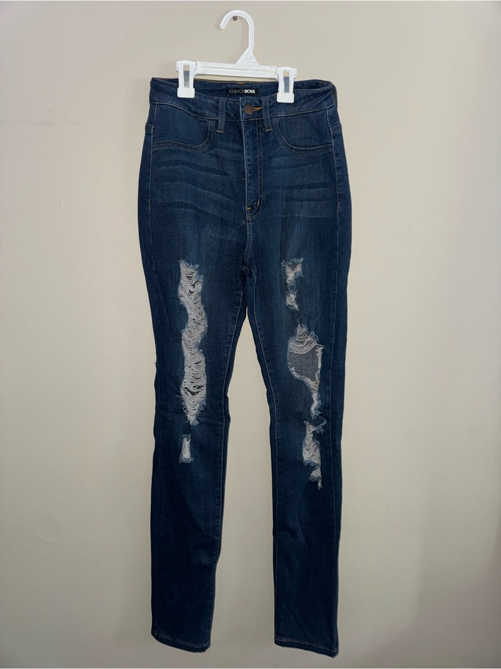 Fashion Nova High-Rise Dark Blue Distressed Skinny Jeans